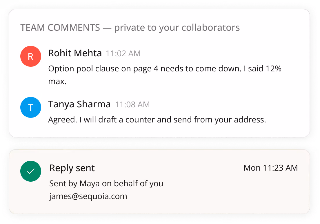 Team comments between Rohit Mehta and Tanya Sharma about a clause and drafting a counter, plus a sent reply note.