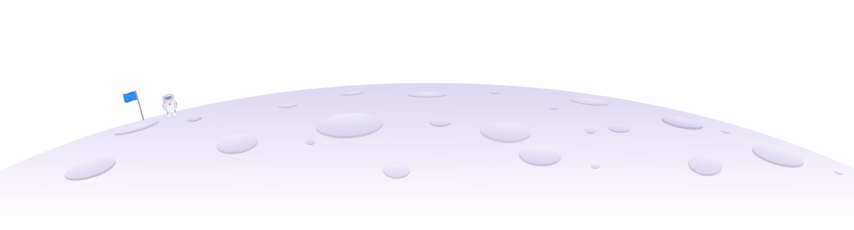 Cartoon astronaut stands on a cratered moon surface next to a blue flag with stars.