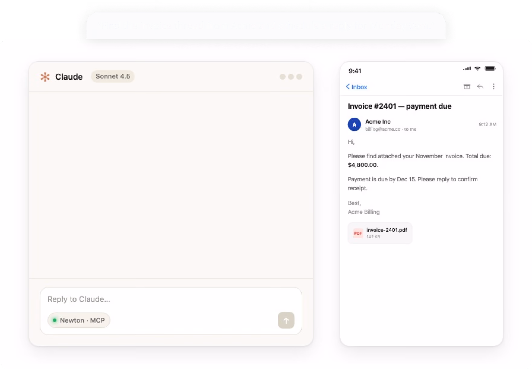 Split screen showing AI assistant interface and an invoice email from Acme Inc with a PDF attachment.