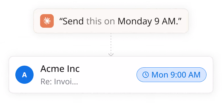 Message scheduled to send from Acme Inc with subject preview and Mon 9:00 AM send time.