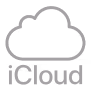 Apple iCloud logo with silver cloud and text below it.