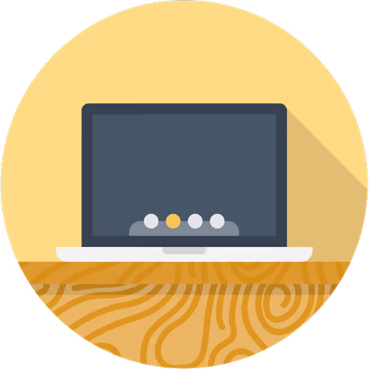 Flat design illustration of a laptop on a wooden surface with a yellow circular background and long shadow.