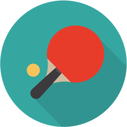 Flat design red ping pong paddle with black handle and yellow ball on a teal circular background with long shadow.
