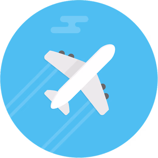 Illustration of a white airplane flying upward against a blue circular sky background with a small cloud and vapor trails behind the plane's wings.