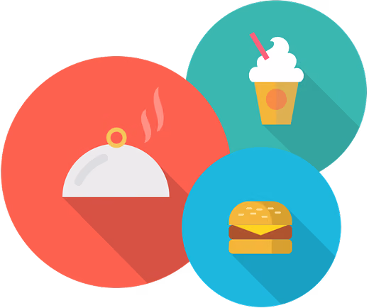 Three colorful circles containing food icons: a steaming covered dish in a red circle, a milkshake with whipped cream and a straw in a green circle, and a cheeseburger in a blue circle.