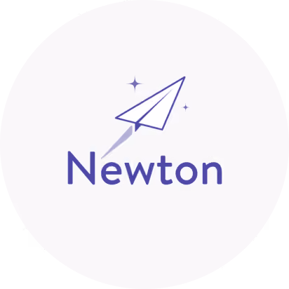 The word 'Newton' in purple letters below a purple outlined paper airplane with two small star-like sparkles on a light gray circular background.