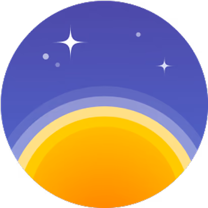 Circular graphic showing a stylized sunset or sunrise with an orange to yellow gradient sun on the bottom half and a purple night sky with stars above.