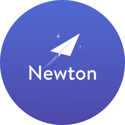 White paper airplane icon above the word Newton on a blue to purple gradient circular background with two small stars.