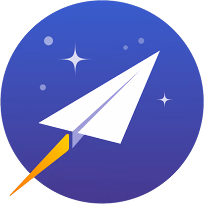 White paper airplane flying against a blue circular background with stars, trailing an orange tail.