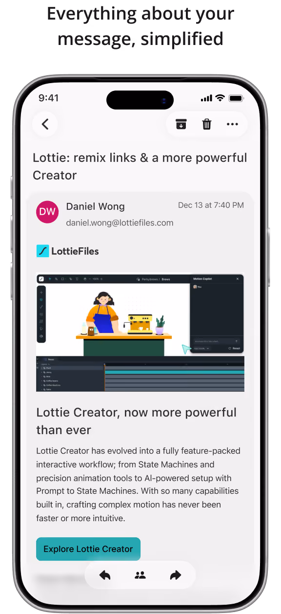 Smartphone screen showing an email from Daniel Wong at LottieFiles about the new powerful Lottie Creator, featuring an animation workspace with a barista character and coffee machine, and text describing its advanced interactive workflow with state machines and AI-powered tools. A teal button labeled 'Explore Lottie Creator' is visible below the description.