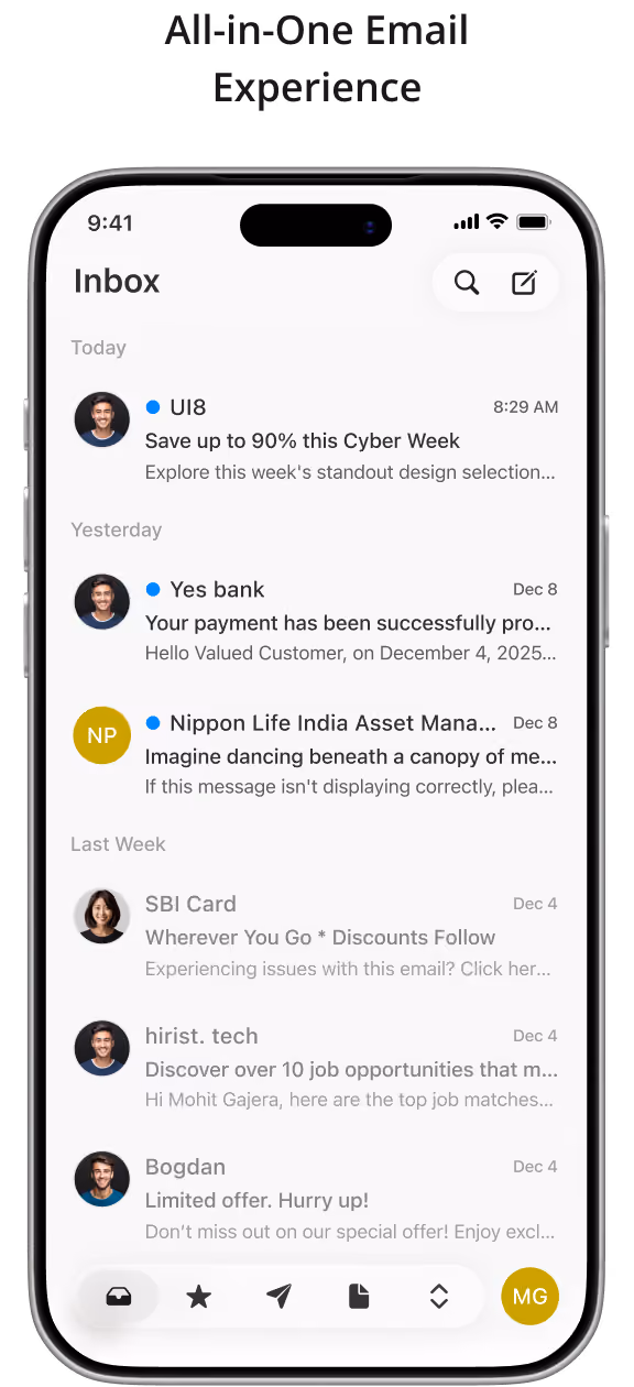 Smartphone screen displaying an email inbox with messages from UI8, Yes bank, Nippon Life India Asset Management, SBI Card, hirist. tech, and Bogdan, organized by Today, Yesterday, and Last Week categories, showing sender icons, subject lines, previews, timestamps, and bottom menu icons for mail, favorites, send, documents, sorting, and user initials MG.