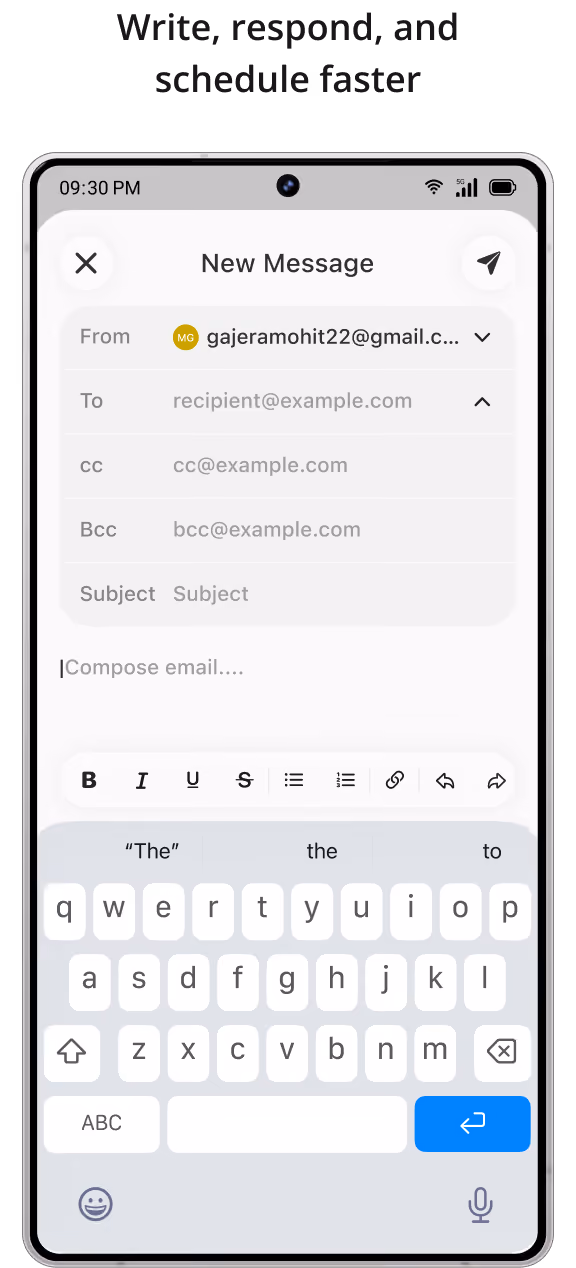 Smartphone screen showing a new email message being composed with fields for From, To, CC, BCC, Subject, and a keyboard for typing the email body.