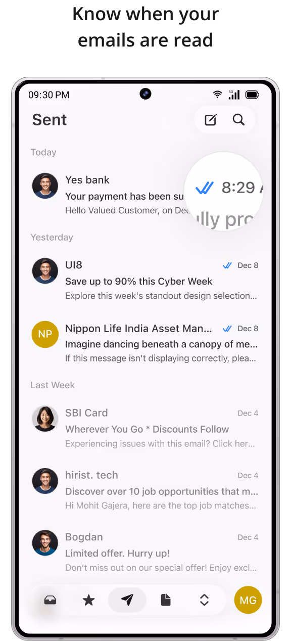 Smartphone screen showing a Sent emails list with senders, subject lines, preview text, and read receipts with blue checkmarks and timestamp, highlighting email read confirmation.