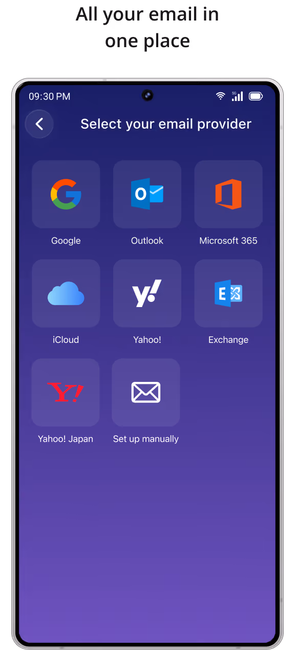 Smartphone screen displaying an email setup interface titled 'Select your email provider' with options: Google, Outlook, Microsoft 365, iCloud, Yahoo!, Exchange, Yahoo! Japan, and Set up manually.