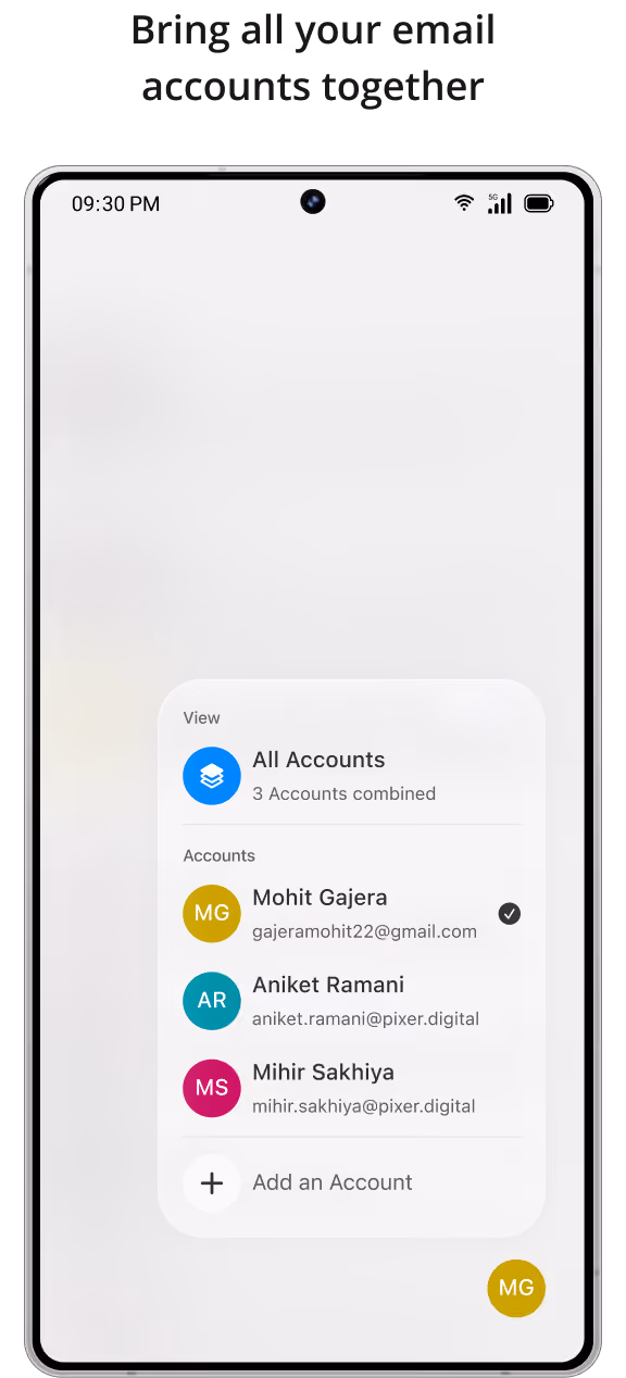 Smartphone screen showing an email app interface with a dropdown menu listing three combined accounts: Mohit Gajera, Aniket Ramani, and Mihir Sakhiya, each with icons and email addresses, and an option to add an account.
