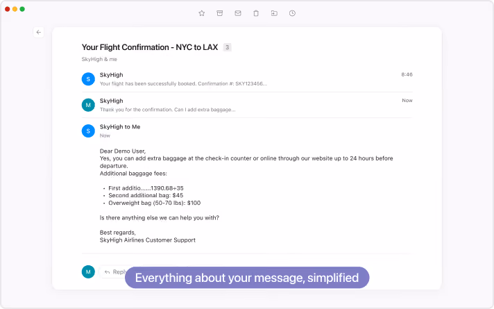 Email conversation titled 'Your Flight Confirmation - NYC to LAX' showing SkyHigh notifying successful booking, a query about adding extra baggage, and a reply detailing baggage fees and instructions for adding extra baggage up to 24 hours before departure.