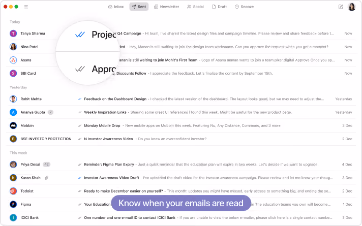 Email inbox interface on a desktop screen showing a list of emails sorted by date with sender icons, subject lines, snippets, and timestamps, highlighting the ability to know when emails are read.