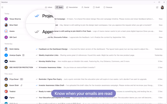 Email application window showing inbox with read and unread messages; a tooltip highlights email read status with blue checkmarks and text 'Know when your emails are read.'