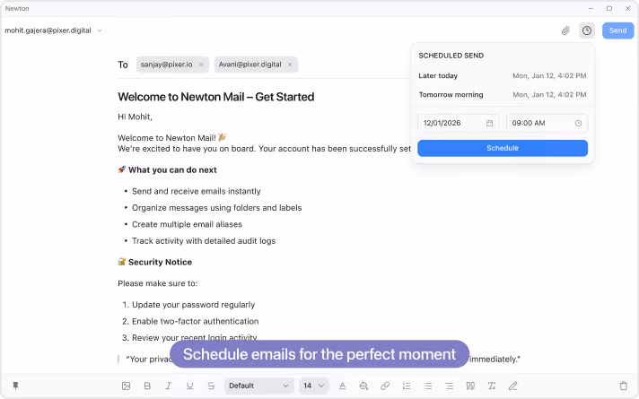 Newton Mail interface showing a welcome message with tips for getting started, including sending and organizing emails, and security advice, along with a scheduled send feature set for December 1, 2026, at 9:00 AM and a send button.