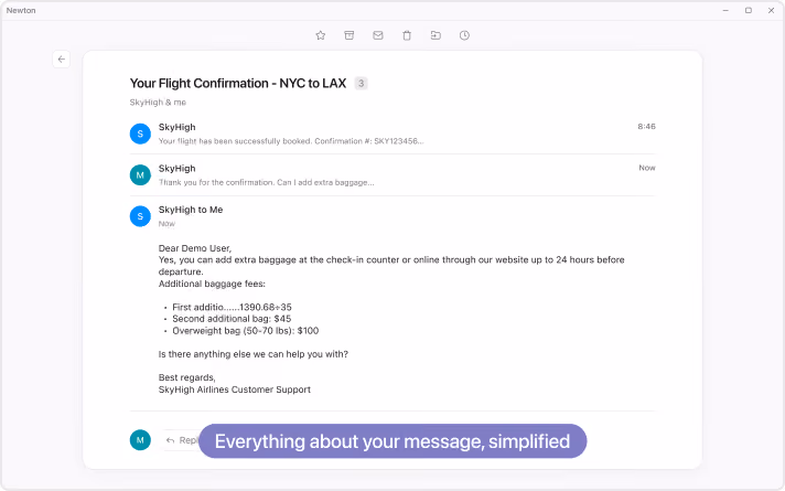 Email conversation in Newton app showing flight confirmation from NYC to LAX with SkyHigh Airlines, including message about adding extra baggage fees and customer support response.