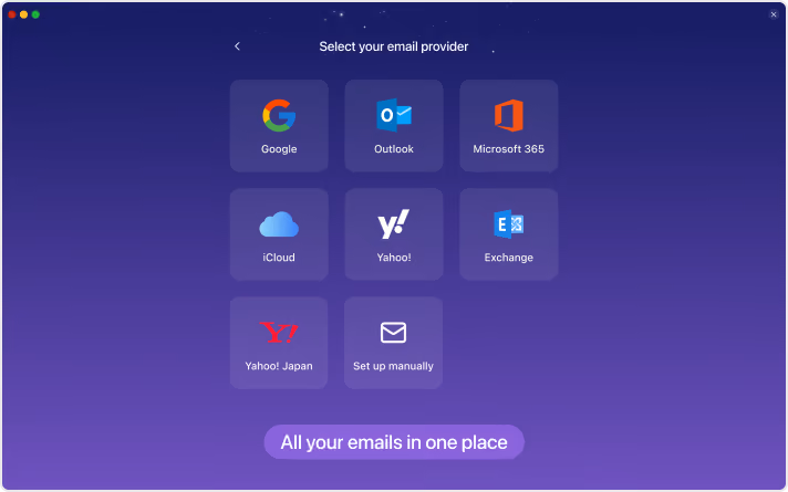 Screen interface to select an email provider with options including Google, Outlook, Microsoft 365, iCloud, Yahoo!, Exchange, Yahoo! Japan, and manual setup, on a purple gradient background with the text 'All your emails in one place' at the bottom.
