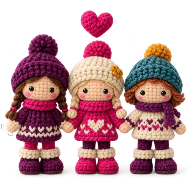 Three knitted dolls holding hands under a pink heart