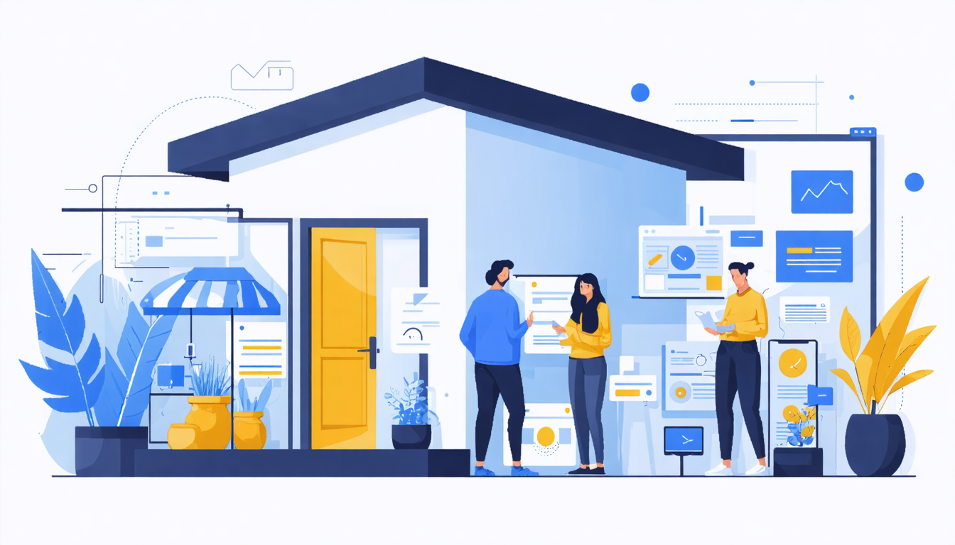 Illustration of people discussing outside a modern house. Text asks: How old do you have to be to rent an Airbnb?