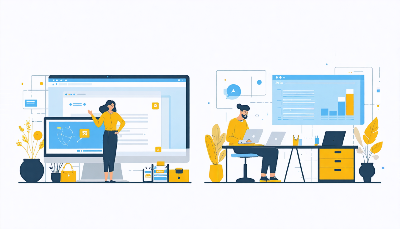 Illustration of people using computers for social media marketing for vacation rentals, with charts and digital content on screens.
