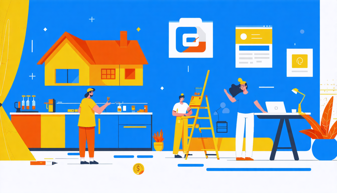 Illustration of people working in a home setting with digital tools, symbolizing property management marketing software.