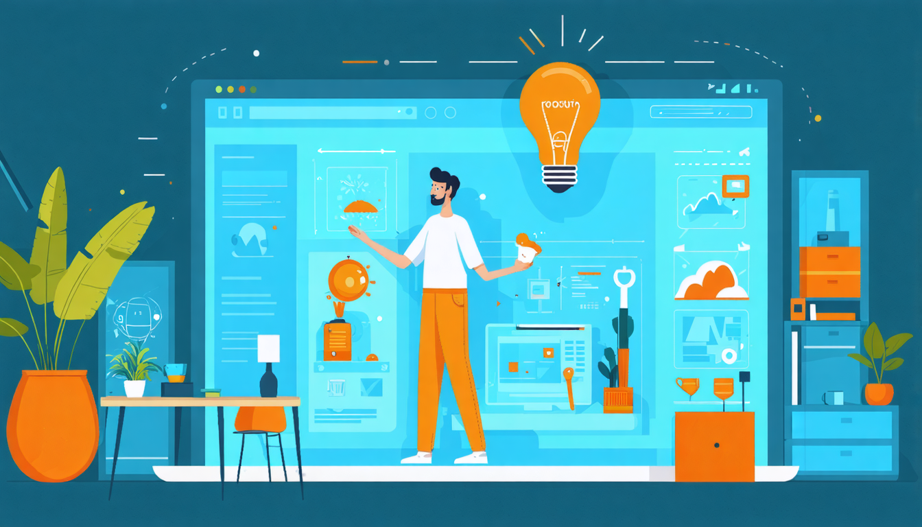 Illustration of a person strategizing with digital tools, light bulb above, symbolizing innovative marketing strategies for vacation rentals.
