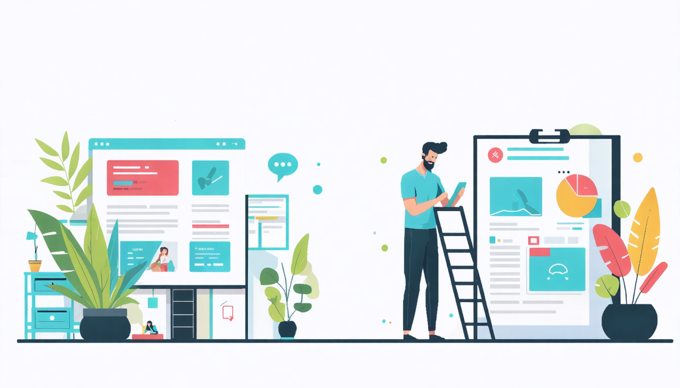 Illustration of a person with digital screens and charts, concept of vacation rental virtual tours, surrounded by plants.