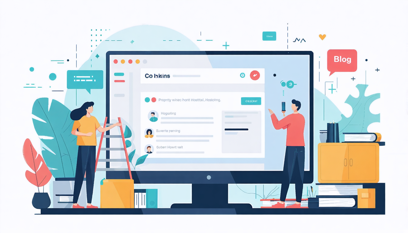 Illustration of two people managing Airbnb turnover cleaning tasks on a large screen, surrounded by office supplies and plants.