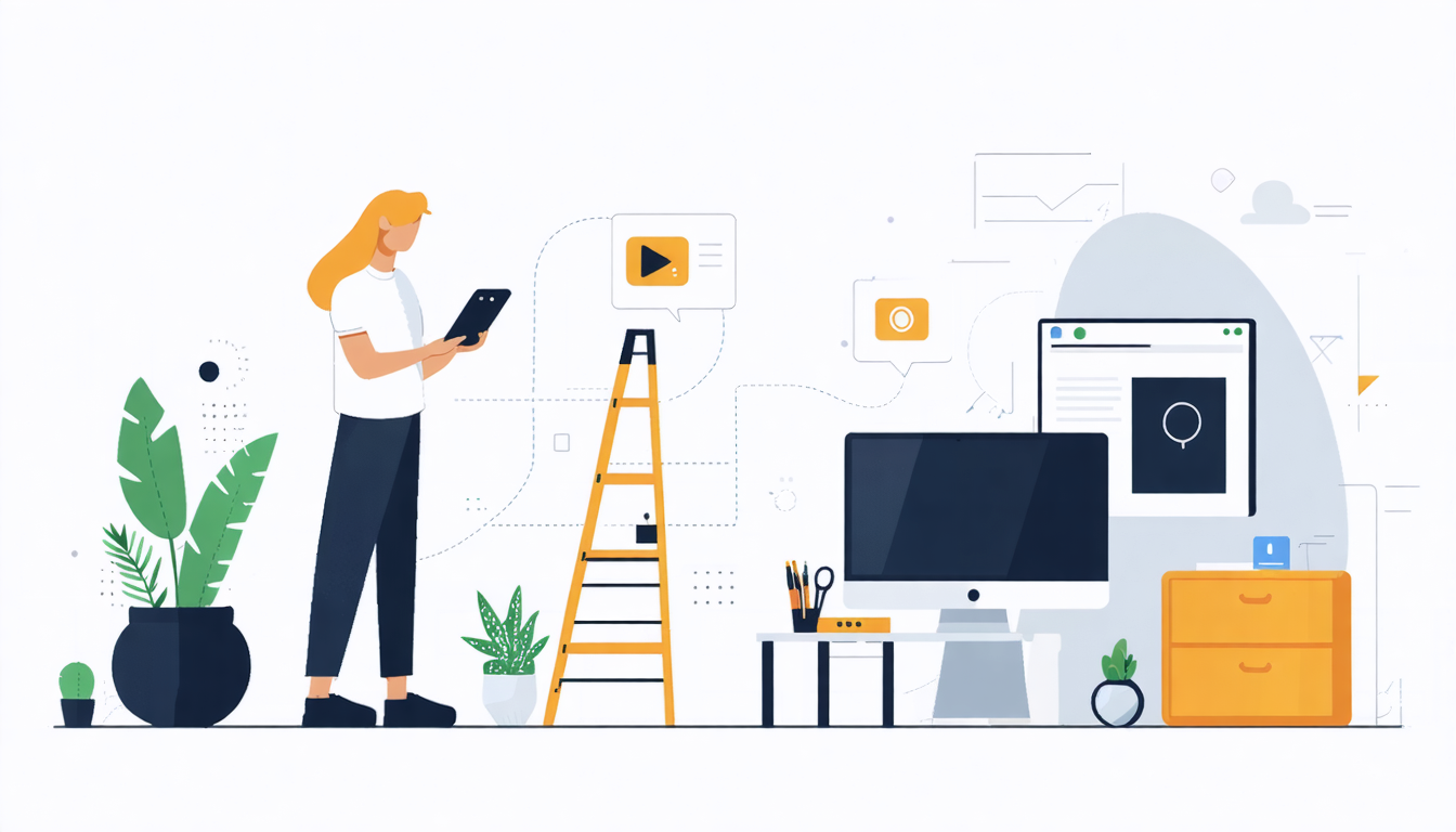 Illustration of a woman managing Airbnb cleaning with a tablet, surrounded by plants, a ladder, and office setup.