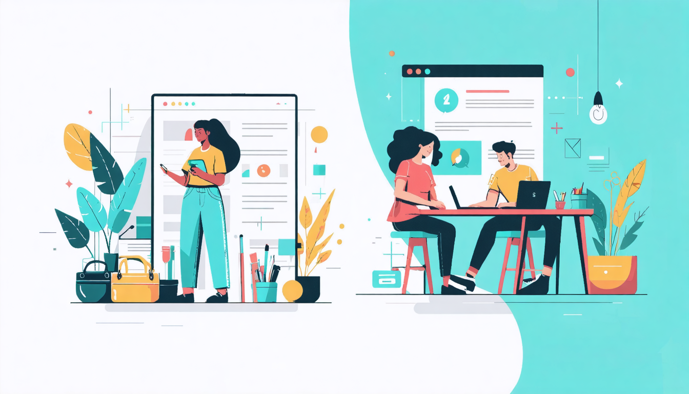 Illustration of two people vetting Airbnb cleaners online, featuring digital tools, plants, and cleaning supplies.