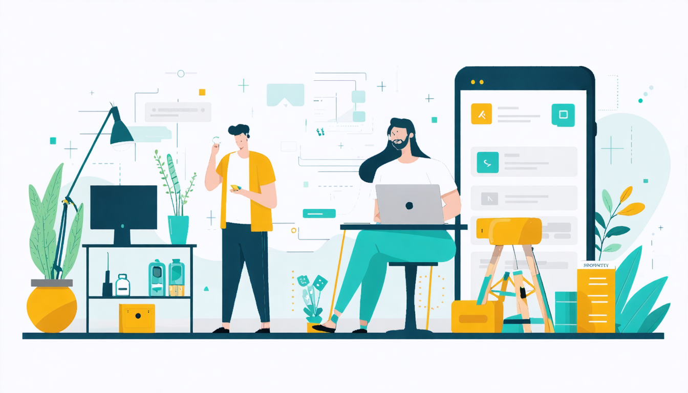 Illustration of two people discussing Airbnb neighbor complaints, with a digital interface and home office setup in the background.