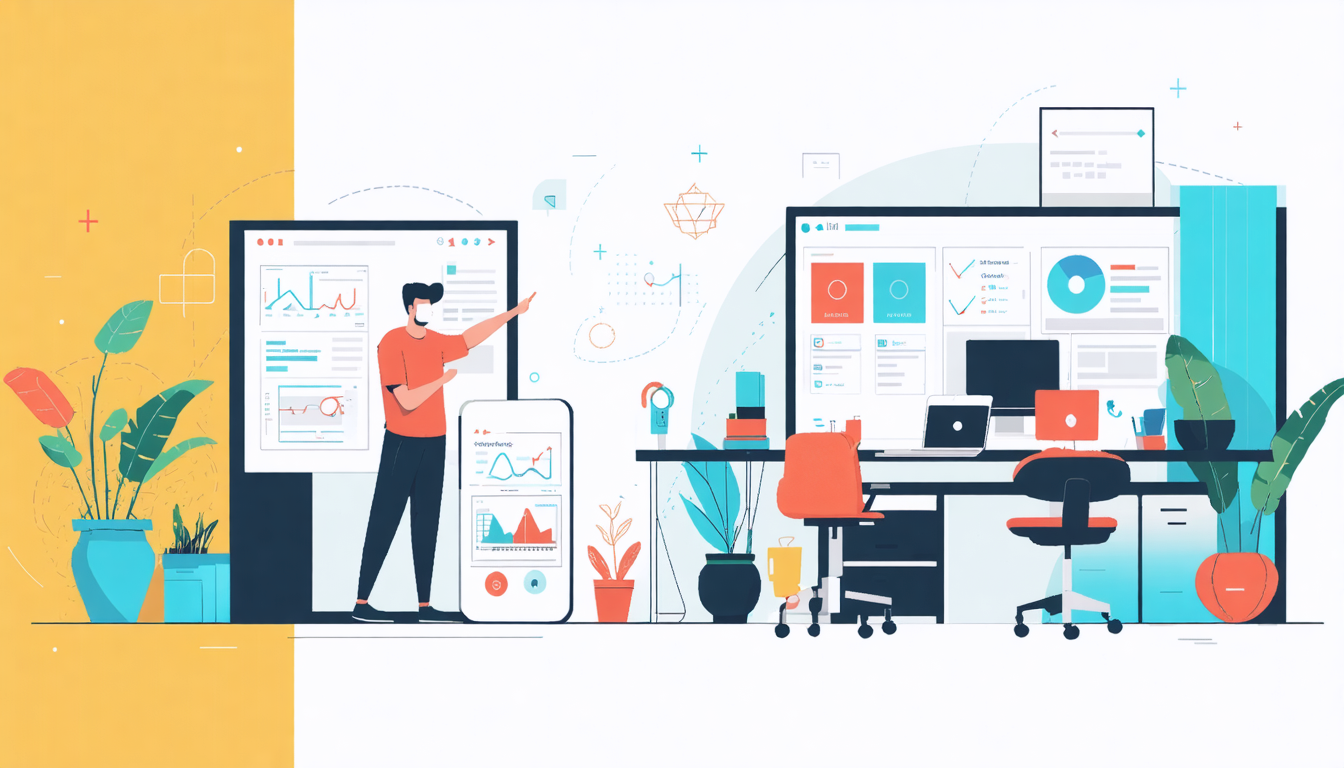 Illustration of a person presenting data on screens and devices, highlighting pre-arrival guest communication in a modern office setup.