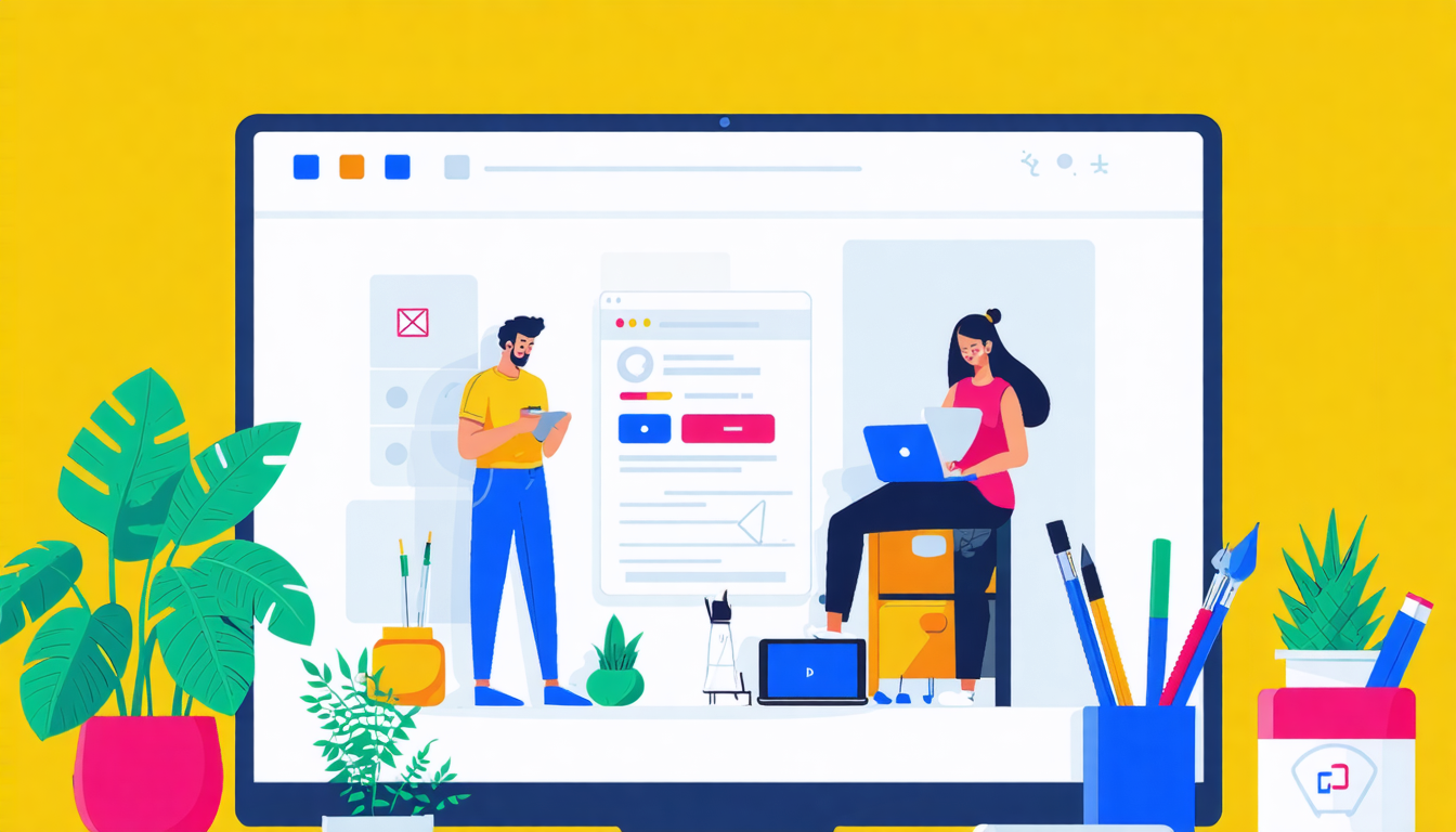 Colorful illustration of people using laptops and tablets, surrounded by plants and stationery, focusing on short term rental accounting.