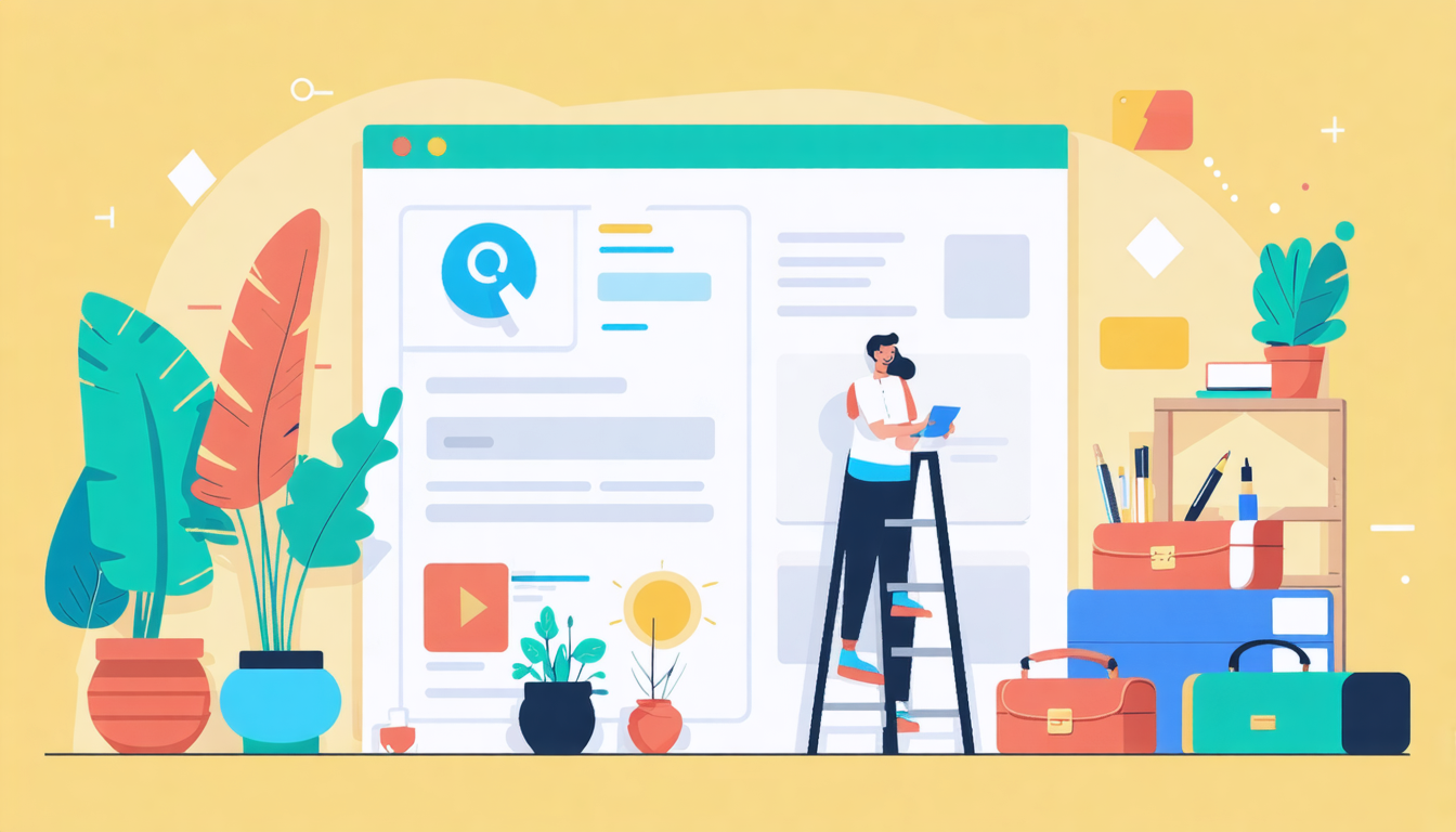 Illustration of a person on a ladder with a tablet, surrounded by plants and office supplies, symbolizing property management onboarding.