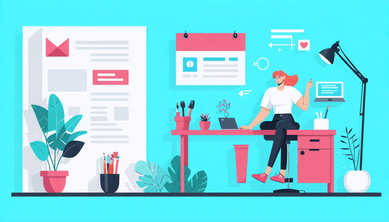 Illustration of a woman at a desk with a laptop, surrounded by plants and icons, symbolizing Airbnb lead generation strategies.