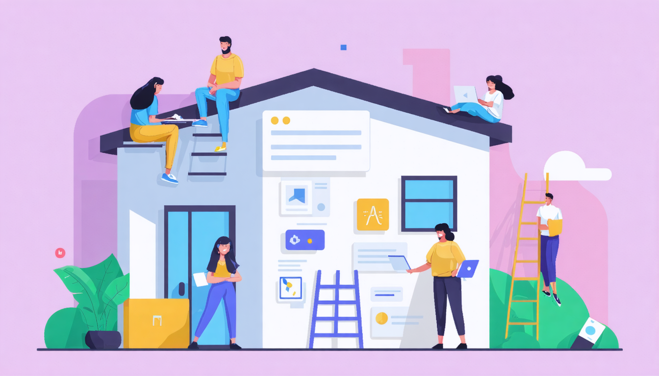 Illustration of people working on a house with laptops and notes, symbolizing how to become an Airbnb manager.