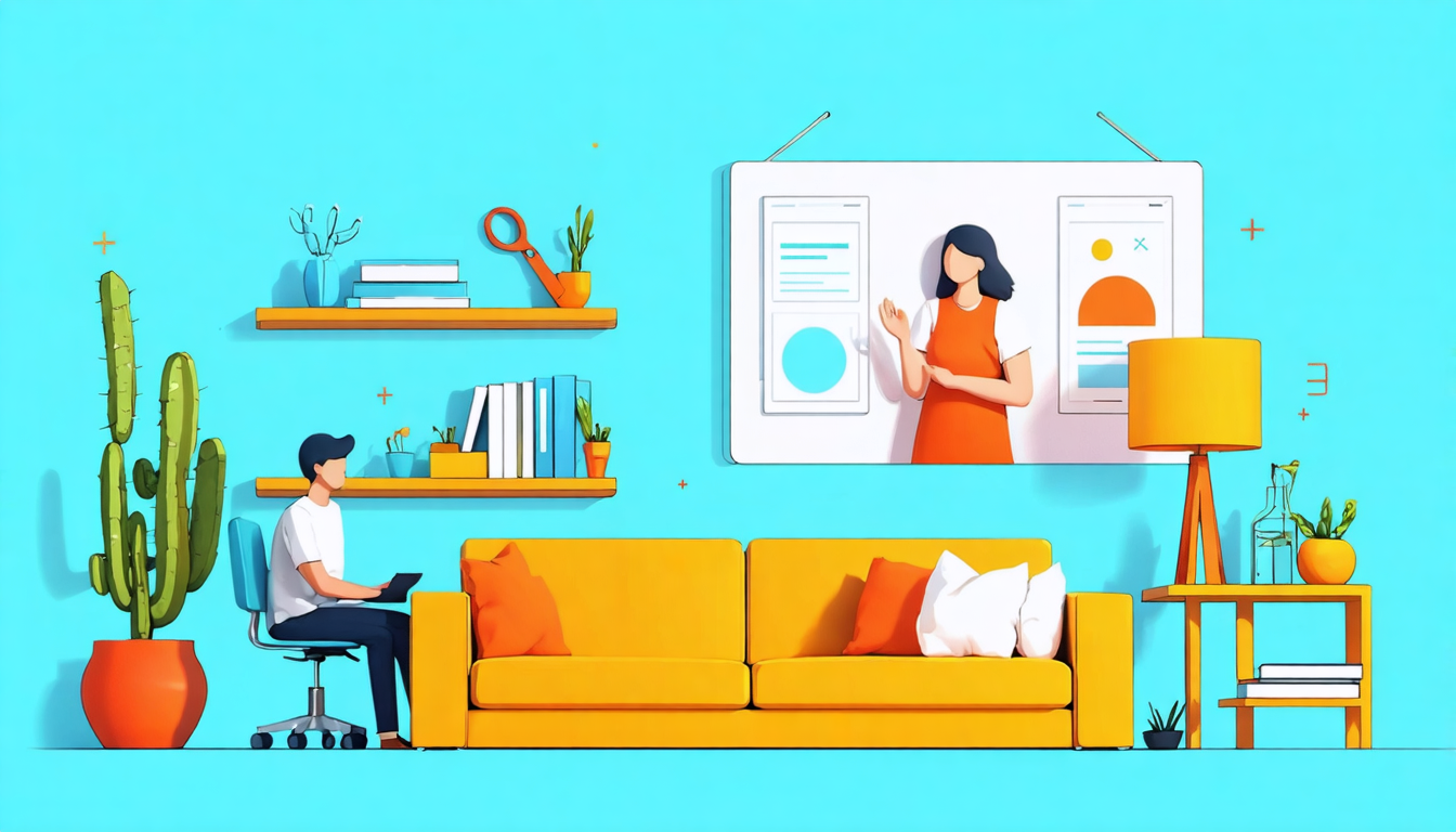 Illustration of a person on a laptop and a woman on a screen, symbolizing Airbnb management cost discussions in a cozy setting.