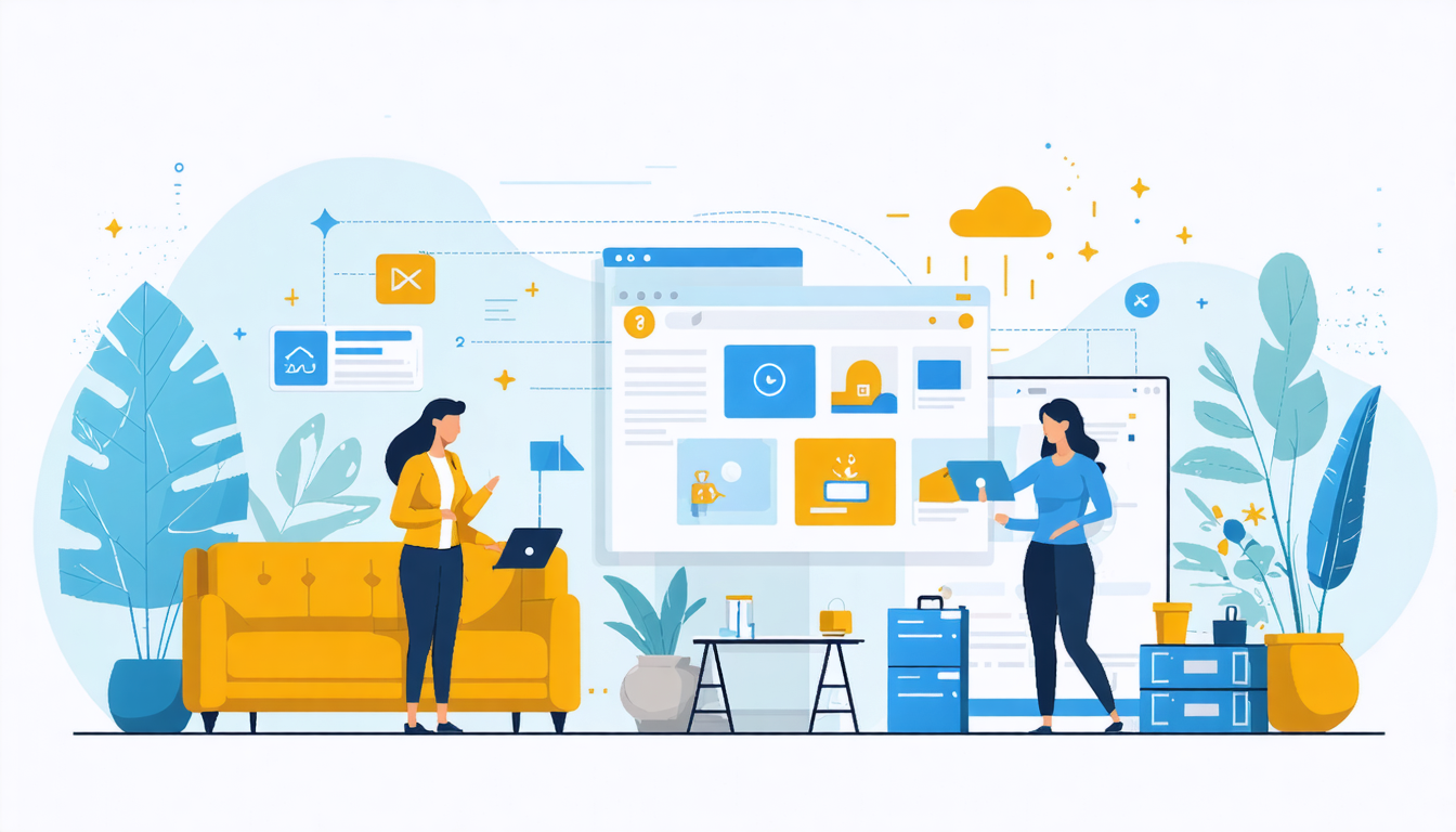 Illustration of two women with laptops, exploring