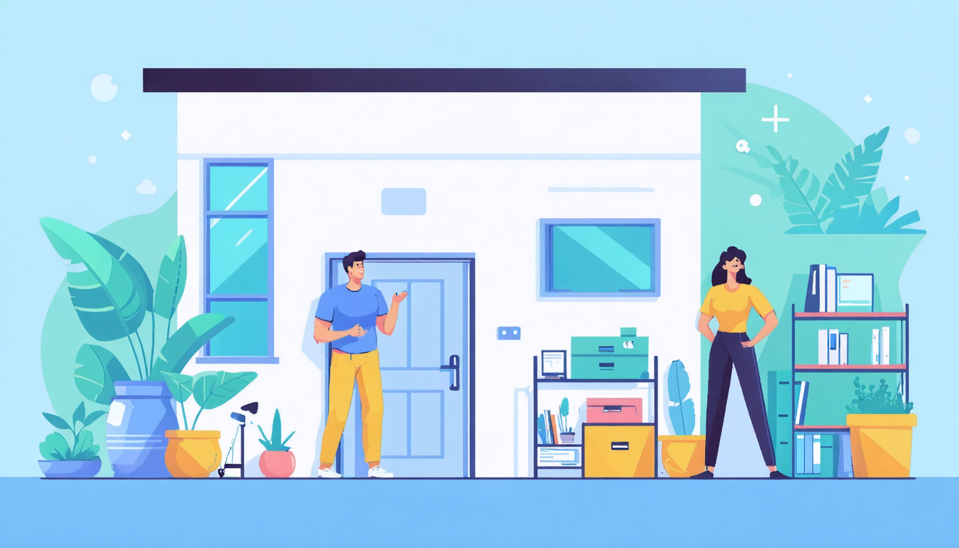 Illustration of a house with plants, a man and woman standing outside. Concept for Airbnb or renting out property.