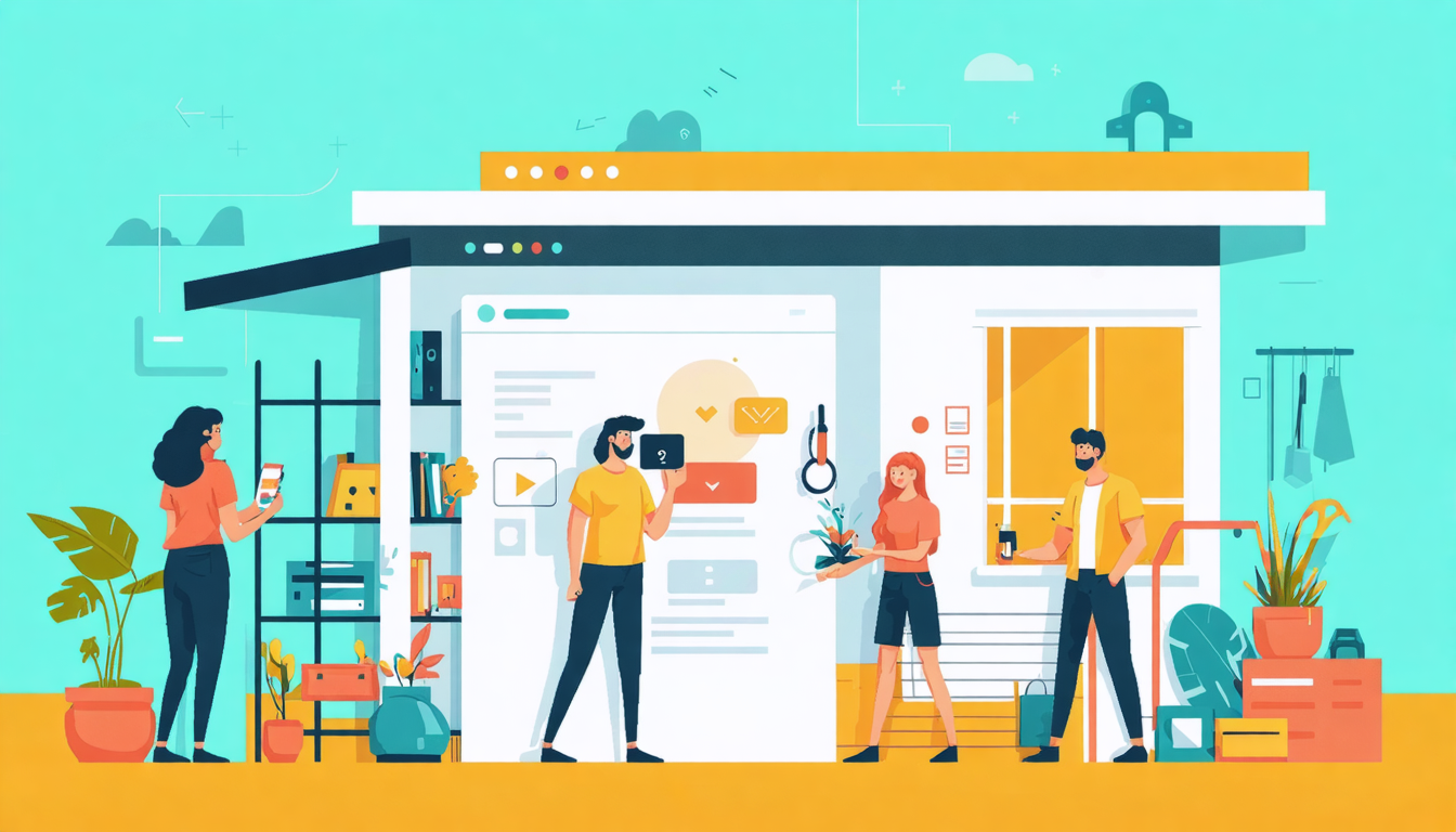 Illustration of people using digital devices in a modern setting, symbolizing how to purchase an Airbnb property online.
