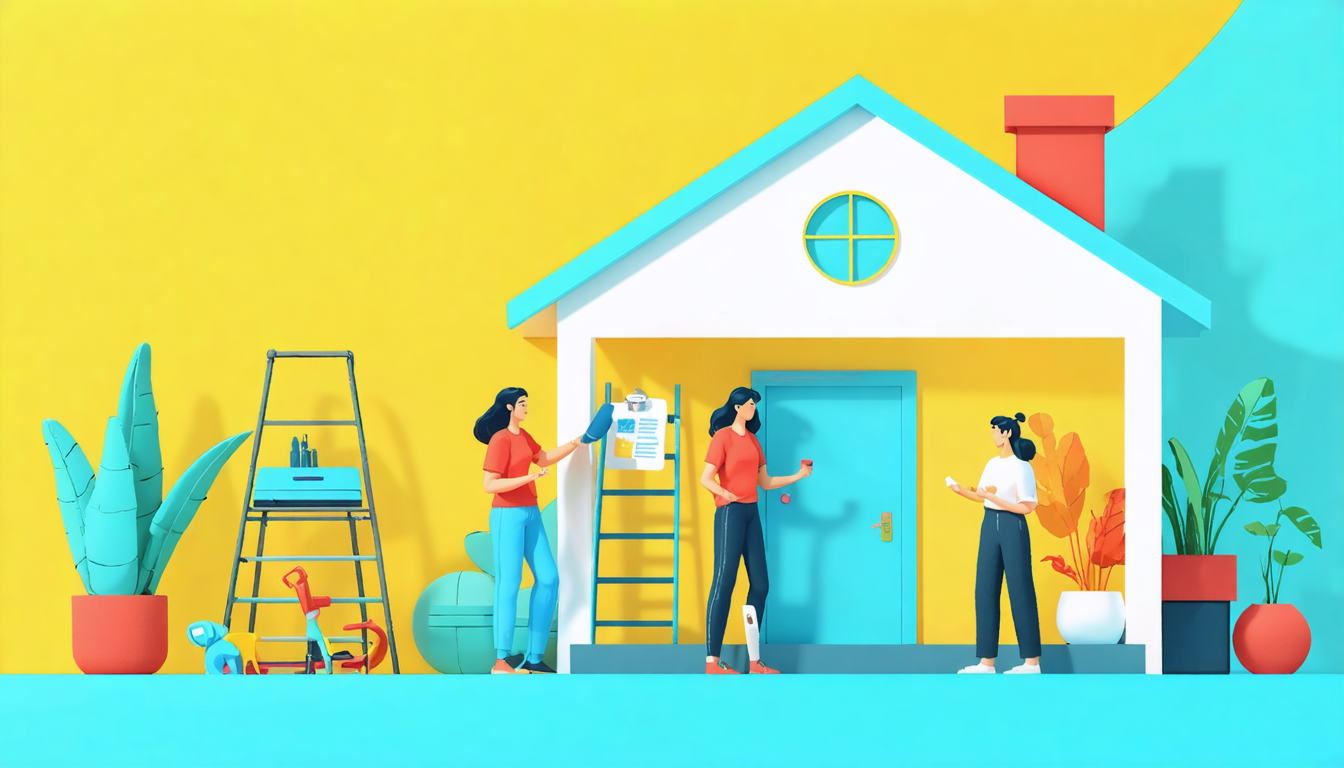 Illustration of three people in front of a house, discussing and preparing for an Airbnb onboarding process.