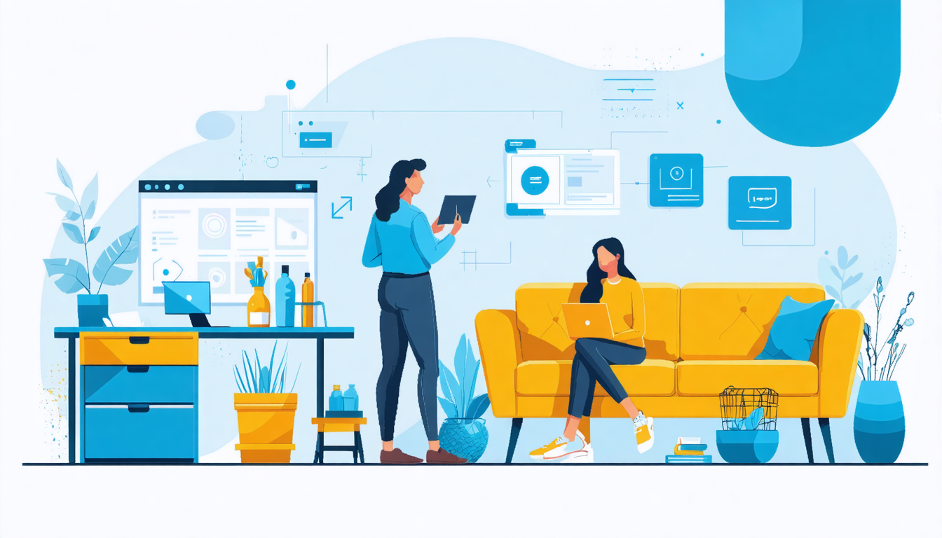 Illustration of two women discussing Airbnb guest communication tips in a modern office with a laptop and digital screens.