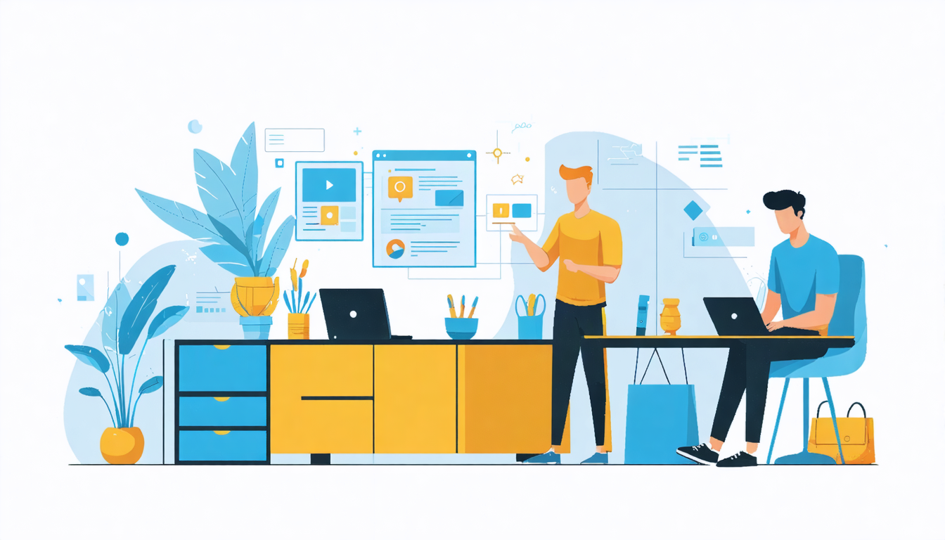 Illustration of two people discussing strategies on laptops for how to get more reviews on Airbnb. Office setting with plants.