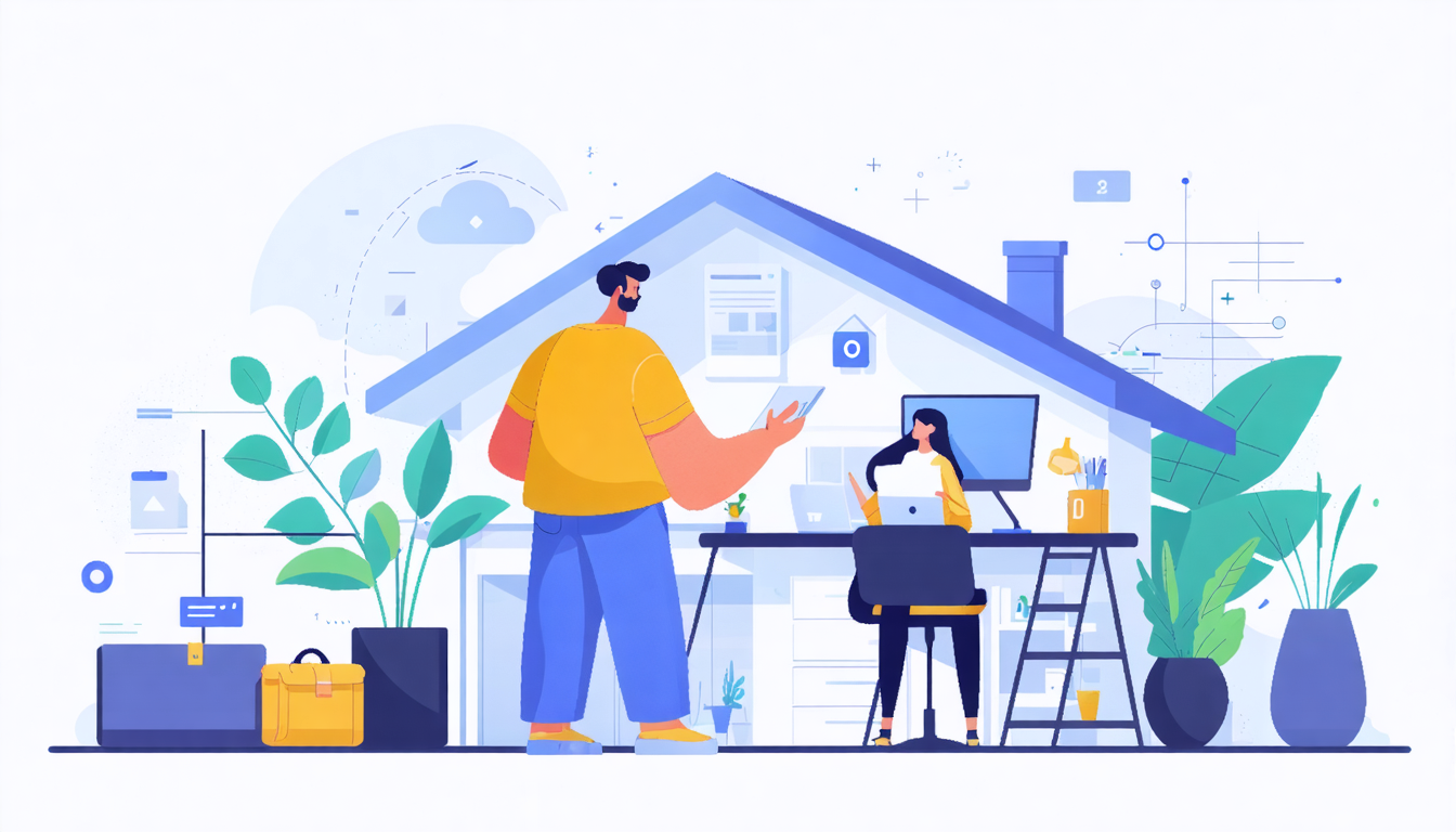 Illustration of people interacting in a home office, symbolizing a seamless vacation rental guest experience with tech integration.