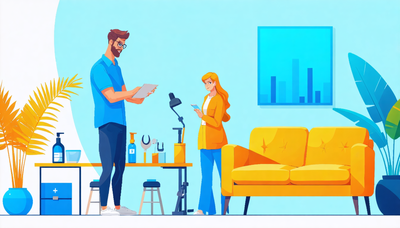 Two people discuss an Airbnb business plan in a modern, colorful living room with a yellow sofa and houseplants.