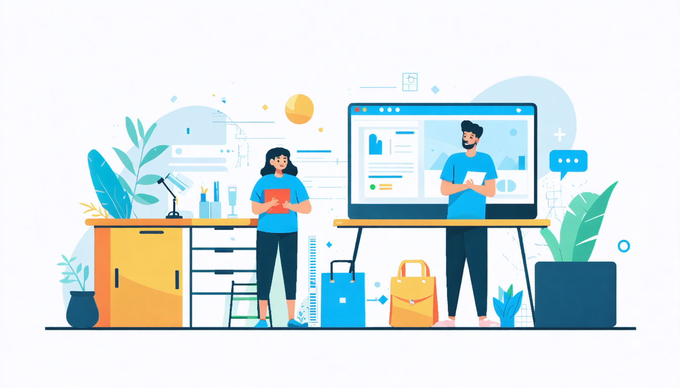Illustration of two people planning a trip with suitcases and a laptop, highlighting Airbnb off-season booking benefits.